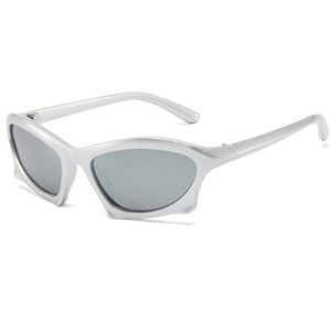 Silver Y2K futuristic steampunk sunglasses with grey irregular polygon lenses for street style