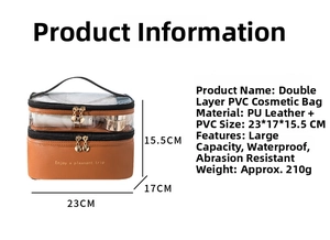 Detail of double-layer travel toiletry bag with PVC top and brown PU leather bottom