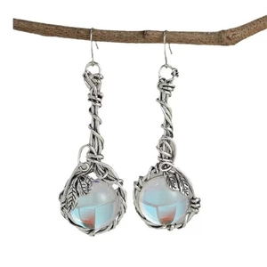 Leaf vine design drop earrings with moonstone accents in vintage silver style