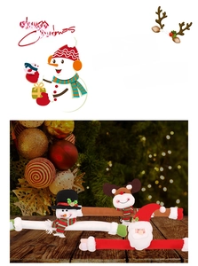 Close-up of Christmas curtain buckles featuring Santa, reindeer, and snowman plush designs