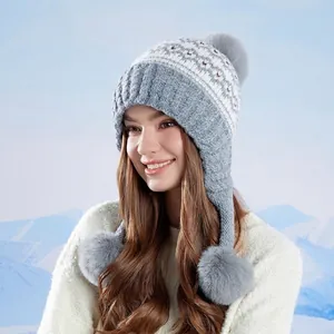 Women Knit Earflap Beanie Hat Acrylic With Faux Fur Pom Poms Winter Warm Fleece Lining Fair Isle Snowflake Pattern