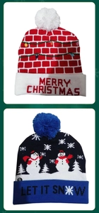 Detail of LED Christmas knit hats with Merry Christmas text and glowing pom-pom designs