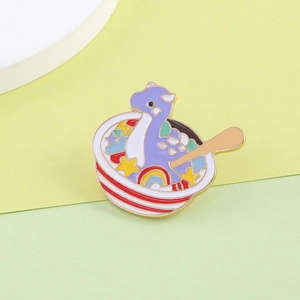 Detailed view of a purple dinosaur enamel pin in a colorful starry bowl decoration
