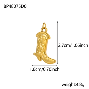 Golden boot-shaped stainless steel pendant charm with detailed size measurements