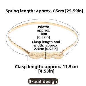 Detail of gold elastic spring belt with triple leaf buckle and measurement specifications