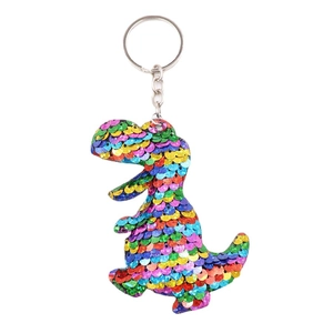 Sparkling rainbow sequin dinosaur keychain with silver metal ring on white background
