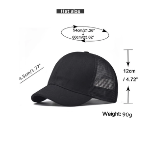 Detailed size chart for black short brim trucker hat with measurements and mesh details