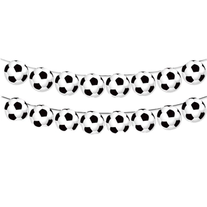 Soccer themed birthday party banners with black and white football paper garlands