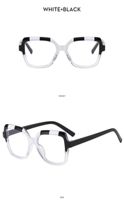 Front and side view of square black and white patterned eyeglass frames for men and women