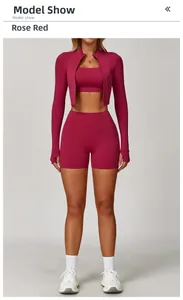 Three-piece rose red yoga set with zip jacket, sports bra and high-waisted shorts