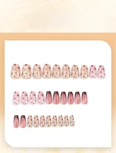 Detail of leopard print and French tip press-on nails in various sizes and designs