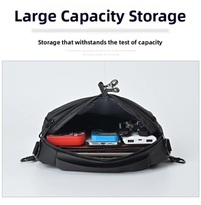 Internal storage detail of men's crossbody bag showing phone, power bank and accessories
