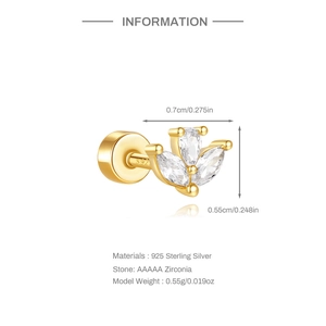 Detail view of 925 sterling silver gold stud earrings with AAAAA zirconia and size info