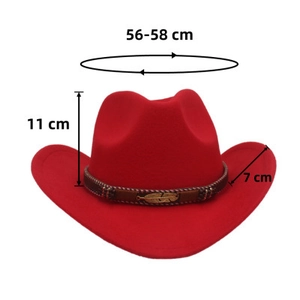 Red western cowboy hat with brown braided belt detail and precise size dimensions