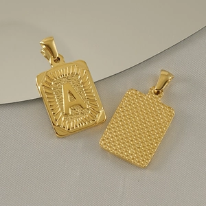 Gold 18K titanium steel rectangle pendant with embossed letter A and sunburst texture