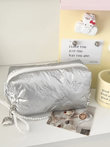 Quilted silver bow makeup bag with pearl chain strap and heart charm, stylish large capacity