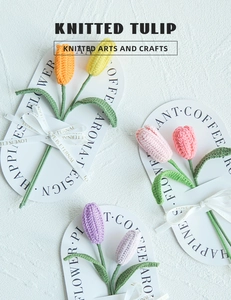 Detailed macro view of handmade knitted tulips with gift cards and love ribbons