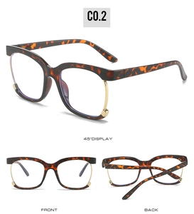 Detailed views of tortoise frame glasses with gold metal accents and blue light lenses