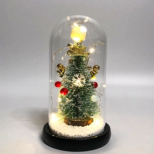Detailed view of Christmas glass dome with pine tree, red berries, and warm LED lights