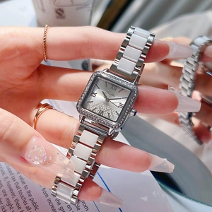 Elegant square ladies watch with silver steel case, white ceramic strap and crystal bezel