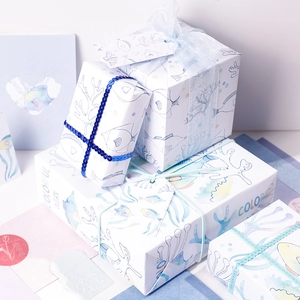 Blue ocean theme gift wrapping set with premium paper, sparkling ribbons and tags