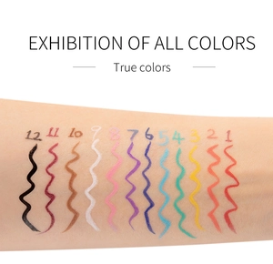 Arm swatches of twelve colorful waterproof eyeliner pens showing vibrant rainbow shades