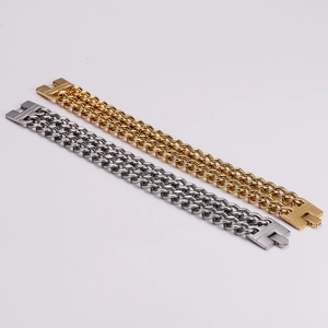 Double row Cuban chain bracelets in gold and silver finish with secure folding clasps