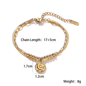 Detail of 18K gold-plated double-layer stainless steel bracelet with moon pendant
