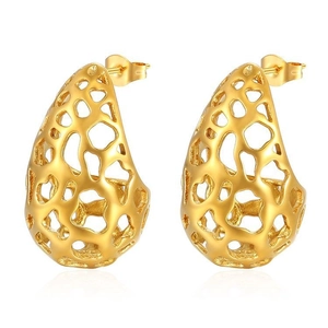 Boucles d'oreilles gouttes dorées 18K avec motif nid d'abeille ajouré moderne