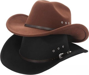 Detail view of felt cowboy hats with leather straps and metallic eyelets on white background