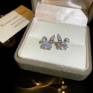 Exquisite rabbit shaped silver stud earrings with sparkling cubic zirconia in jewelry box