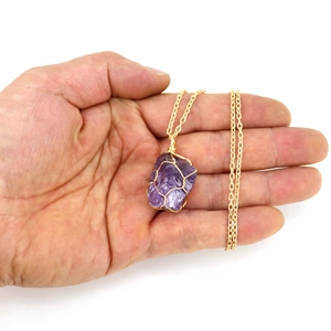 Handmade wire wrapped raw amethyst crystal stone necklace with gold chain for women