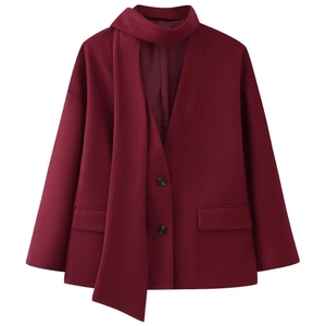 Women's burgundy wool jacket with scarf collar, double buttons and flap pockets