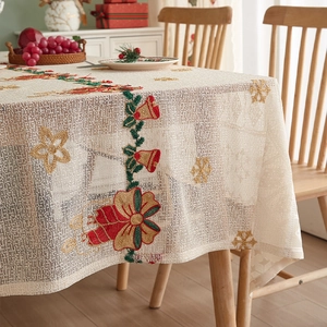 Elegant Christmas tablecloth with red bells and green wreath embroidery on lace fabric