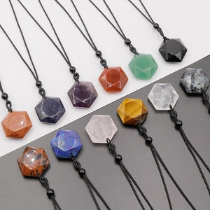 Assorted natural crystal hexagram pendants with adjustable black cord necklaces