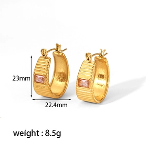 Chunky 18K gold plated stainless steel hoop earrings with pink rectangular zircon