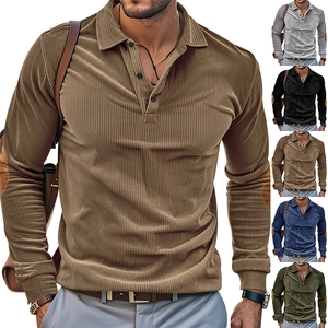 Men Long Sleeve Polo Shirt Corduroy Retro Casual With Elbow Patches Turn-Down Collar Button Placket