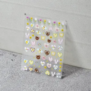 Stickers ongles 5D japonais avec motifs de lapins, ours et tulipes aux tons pastel