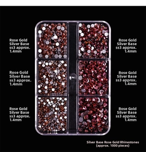 Detail of 1000pcs 1.4mm rose gold flatback rhinestones for nail art in a 6-grid box