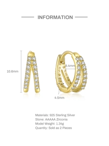 Detailed dimensions of S925 sterling silver gold double row zircon hoop earrings
