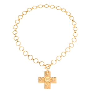 Gold chain necklace featuring a textured vortex cross pendant on a clean white background