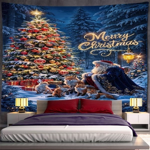 Christmas tapestry with Santa and tree hanging as bedroom wall decor backdrop