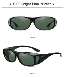 Close-up of bright black polarized fit-over sunglasses with dark green protective lenses