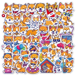 Detailed view of various cute shiba inu and corgi stickers for water bottles and laptops