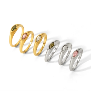 Minimalist 18K gold and silver stainless steel rings with marquise-cut colored gemstones