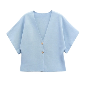 Light blue V-neck short sleeve knit cardigan with gold buttons on white background