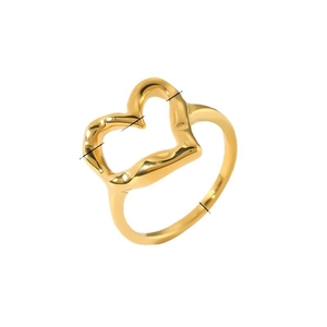 Polished gold plated stainless steel hollow heart ring with textured hammer finish design