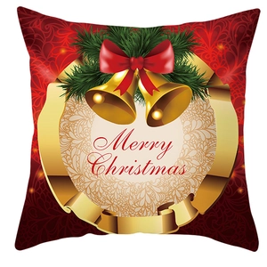 Classic red and gold Christmas cushion cover with Merry Christmas bells and pine needles