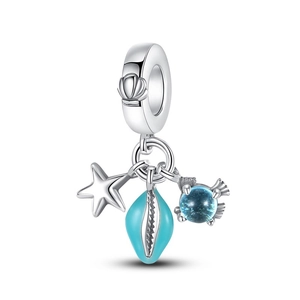 Detailed view of silver sea shell and starfish charms for DIY charm bracelets