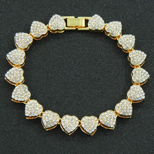 Hip hop style gold heart cuban link bracelet with sparkling paved rhinestones